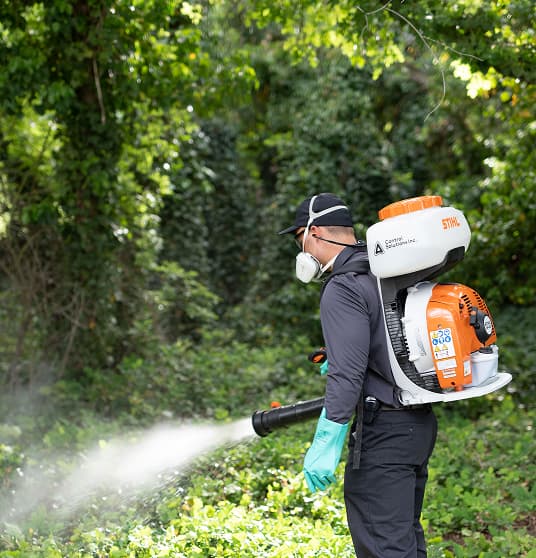 Hawx pest control technician spraying outdoor foliage