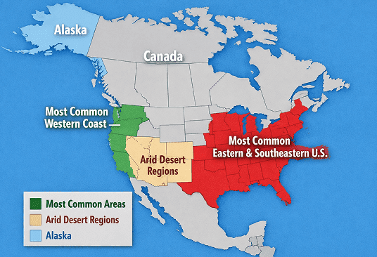 Map showing bald-faced hornet distribution across the US